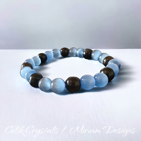 Silver Obsidian & Blue Cate Eye Bracelet Natural Stones 8mm Unisex - Picture 4 of 4